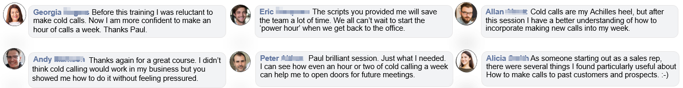 Testimonials from six clients.